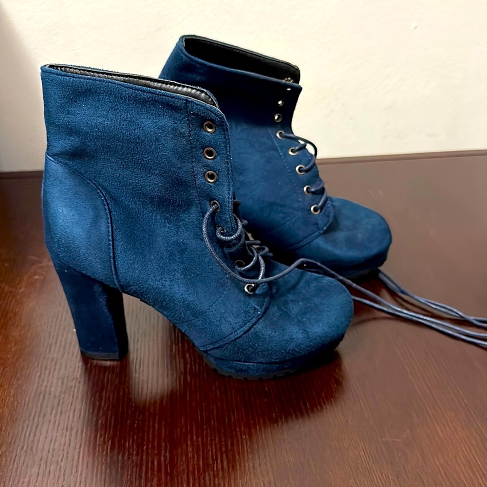 SHEIN blue velvet lace-up booties! Perfect for fall time!